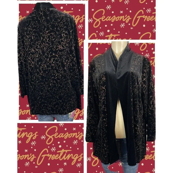 Notations L Black Red-Gold Sparkle Glitter Swirl Pattern Open Front Long Jacket - Picture 1 of 7